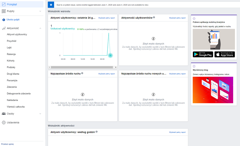 Statystyki Facebook Analytics - widok danych