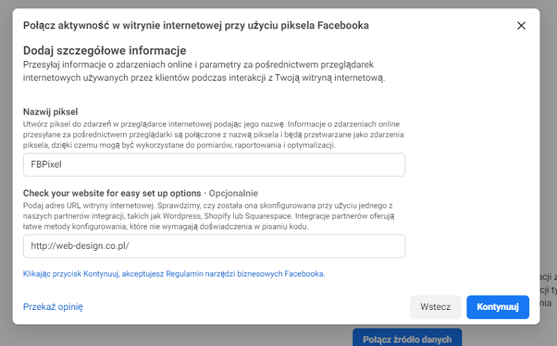 Krok 1 Połącz aktywność w witrynie internetowej przy użyciu piksela facebooka