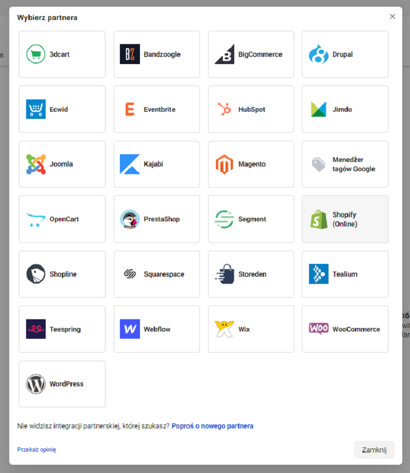 Krok 1: Wybór platformy z rozwiązaniami integracji od partnera Facebooka