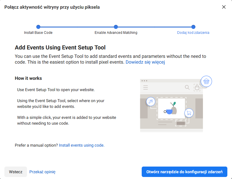 Dodanie za pomocą narzędzi piksela Event Setup Tool zdarzeń i parametrów