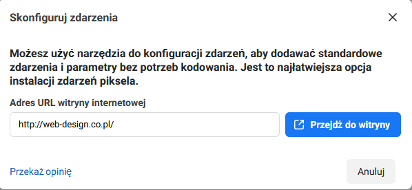 Formularz konfiguracji zdarzeń w pikselu Facebooka
