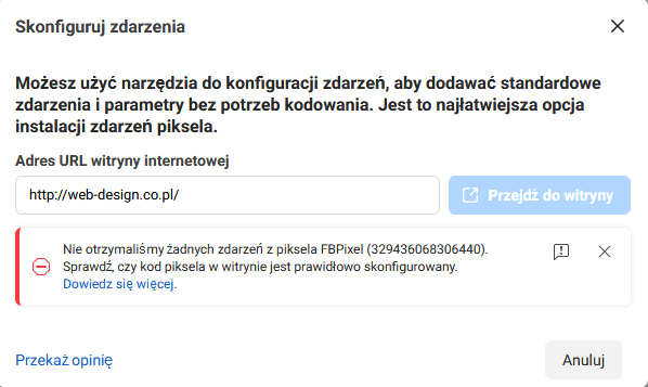 Formularz konfiguracji zdarzeń w Facebook piksel z błędem i nieaktywnym przyciskiem Przejdź do witryny