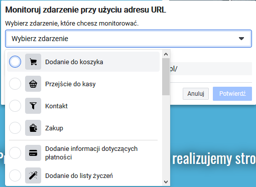 Wybór zdefiniowanych zdarzeń zliczanych przez kod pixel Facebook