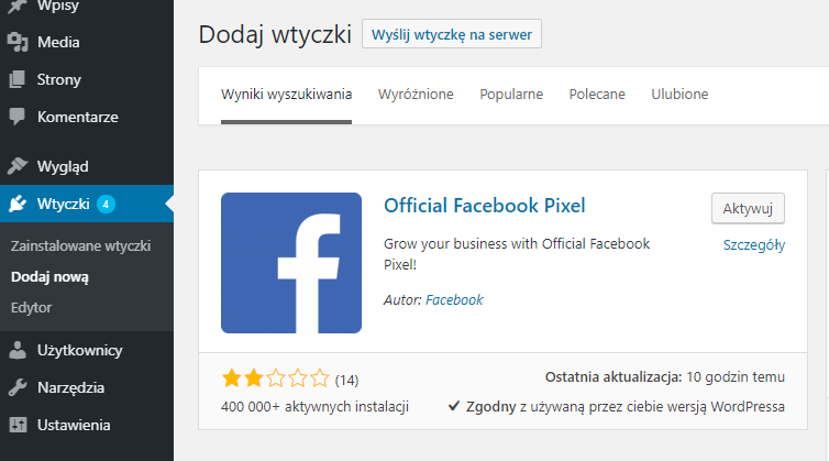 Aktywacja wtyczki Official Facebook Pixel w panelu administratora WordPress