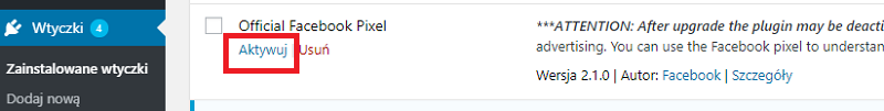 Ręczna aktywacja wtyczki Official Facebook Pixel w panelu administratora WordPress