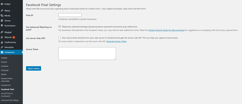 Ustawienia wtyczki Facebook Pixel w WordPress