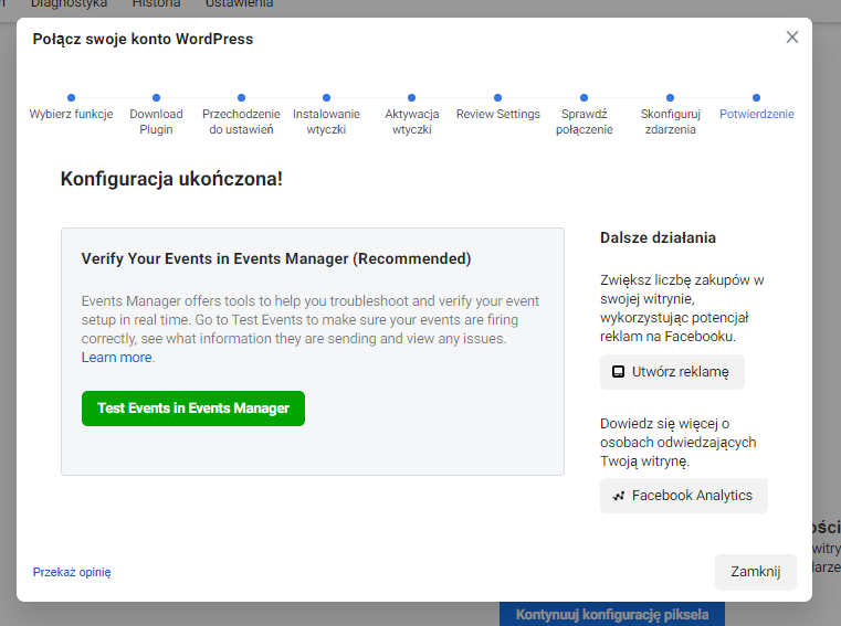 Potwierdzenie konfiguracji piksela od Facebooka