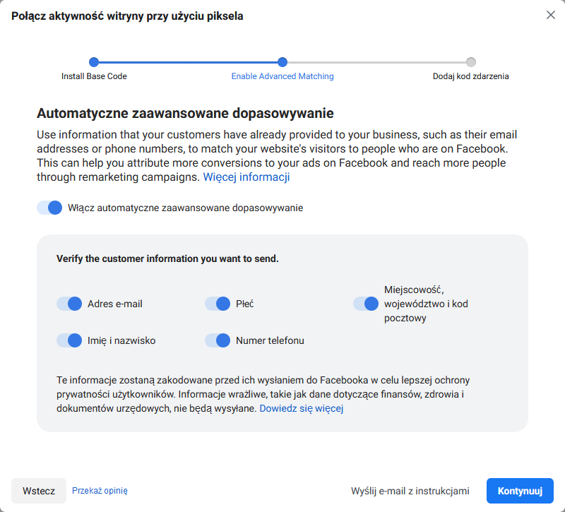 Zaawansowane informacje o użytkowniku zbierane przez FB pixel